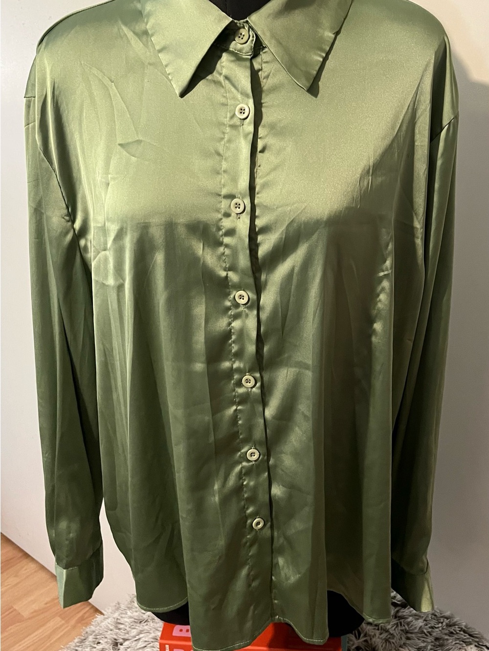 SHEIN Olive Satin Button-Down Shirt